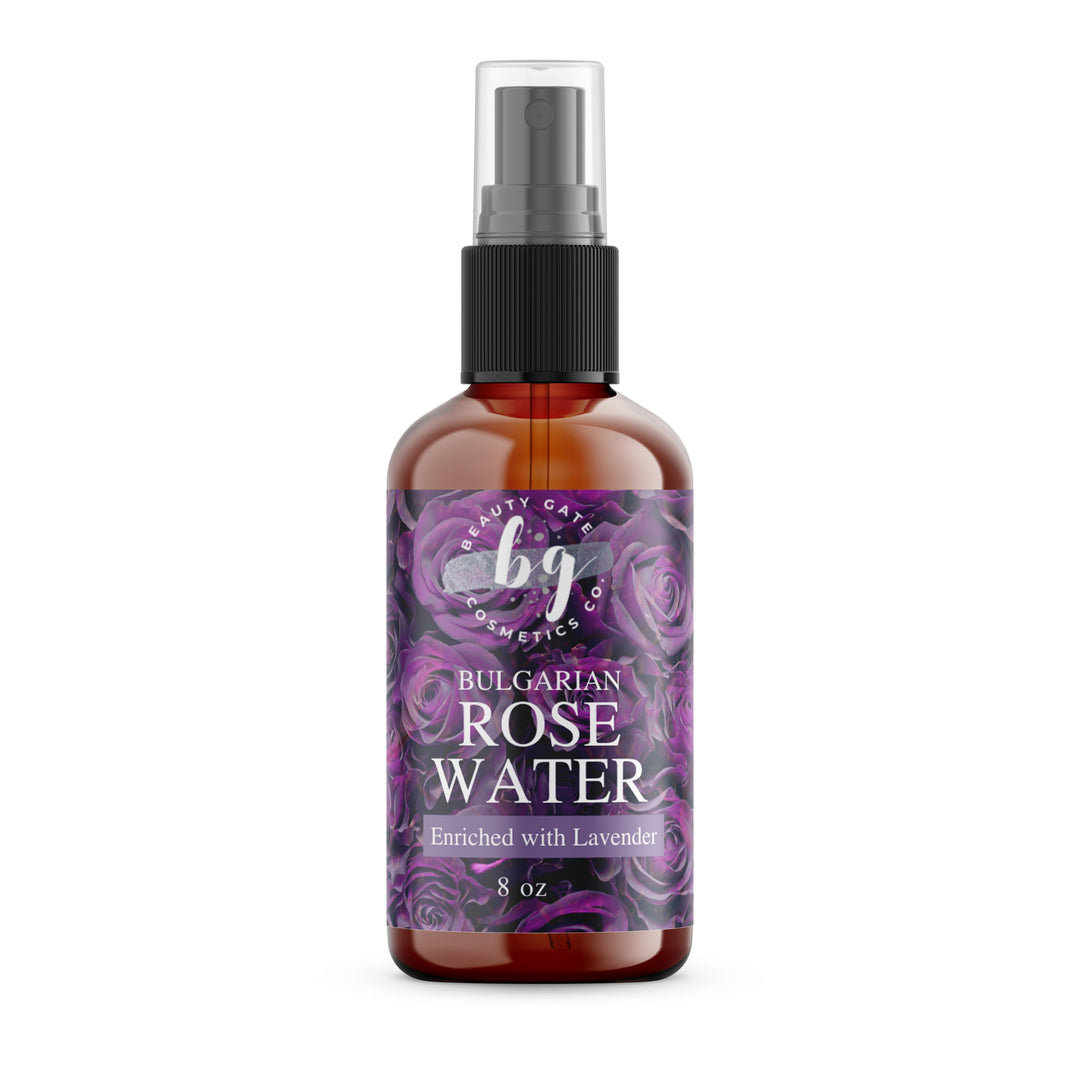 A bottle of Beauty Gate Pure Essence Bulgarian Hydrating Rose Water on a white background.