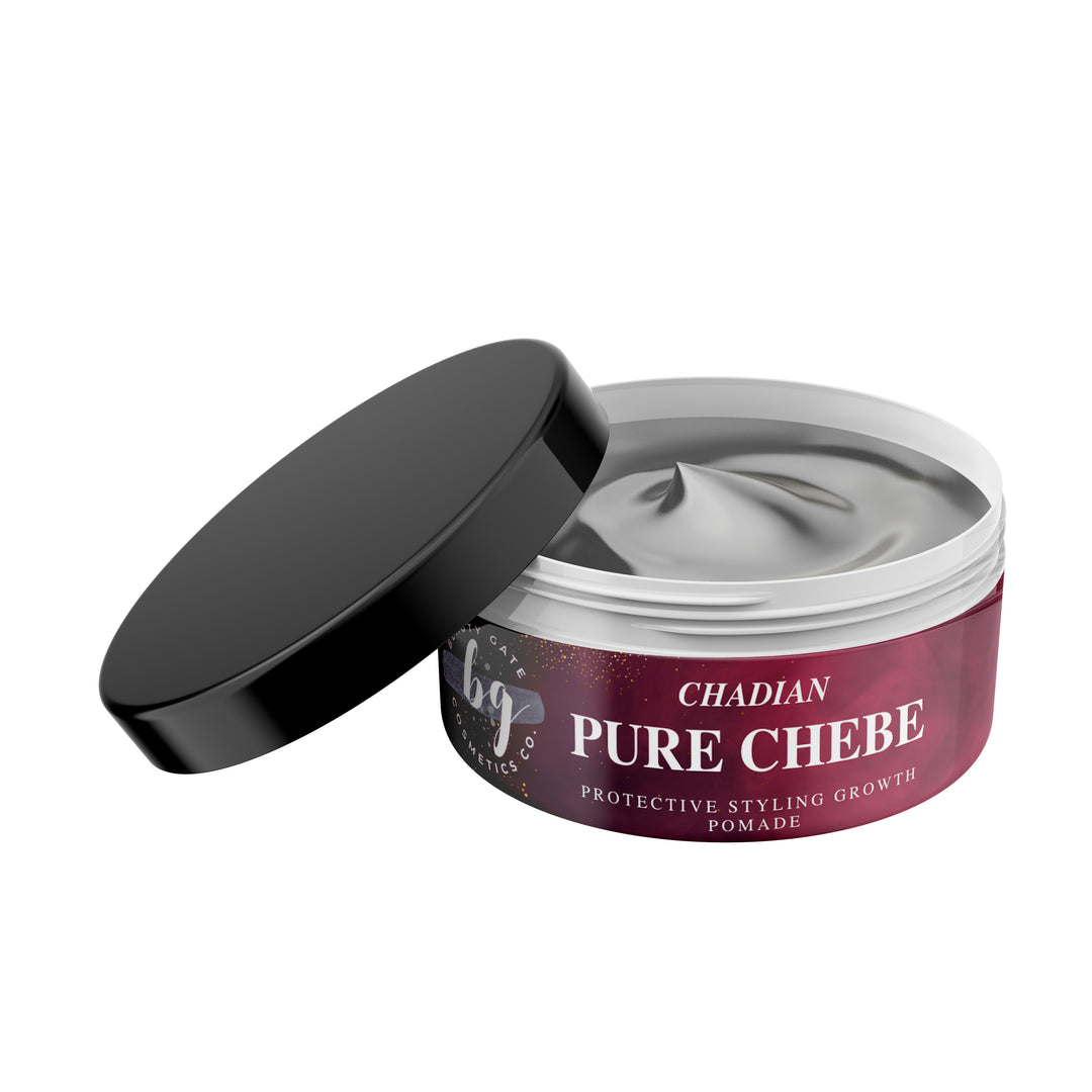 A jar of Beauty Gate Wild-harvested Pure Chebe Protective Styling Growth Pomade, ideal for natural hair and skincare, presented on a white background.