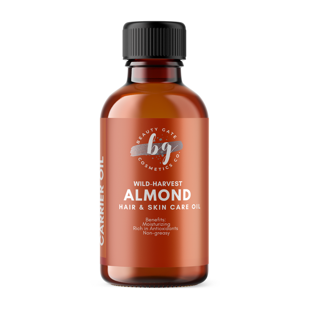 A bottle of natural Beauty Gate Wild-harvest Cold-pressed Sweet Almond Oil by Beauty Gate Cosmetics for hair and skincare, on a white background.